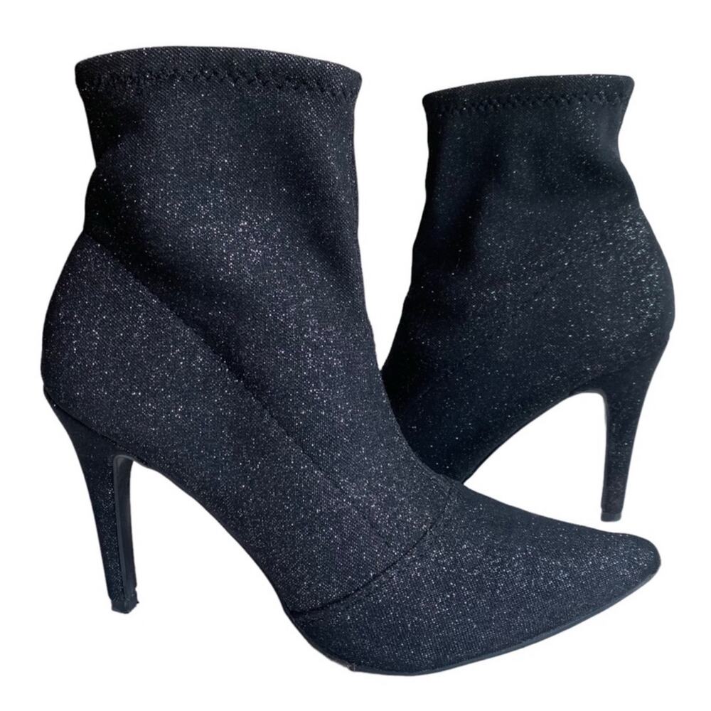 Brash 9 Booties Black Glitter Pointed Toe Pull On Sock Boots Stiletto Heel Spicy